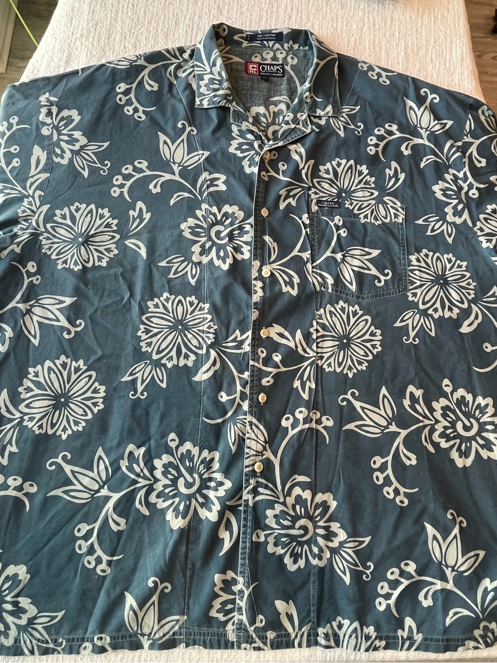 Chaps Ralph Lauren Hawaiian Shirt 2XL Blue White Floral Aloha Cotton Vintage